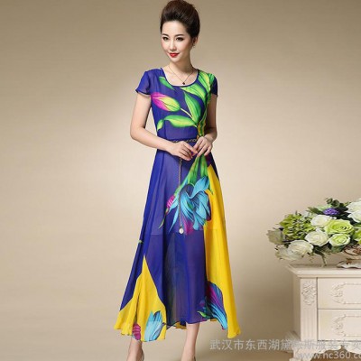夏季新款 雪紡大擺長裙連衣裙中年女士媽媽裝修身氣質(zhì)沙灘裙