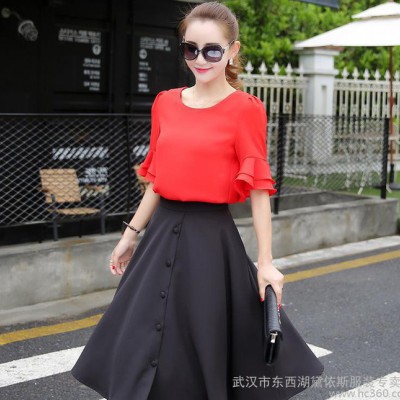 2016年夏季修身荷葉袖純色雪紡衫圓領(lǐng)修身寬松中袖百褶裙兩件