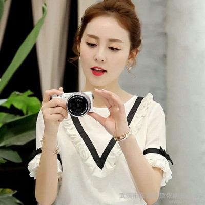 2016夏裝新款小清新撞色短袖雪紡衫女淑女圓領(lǐng)木耳邊襯衫上衣