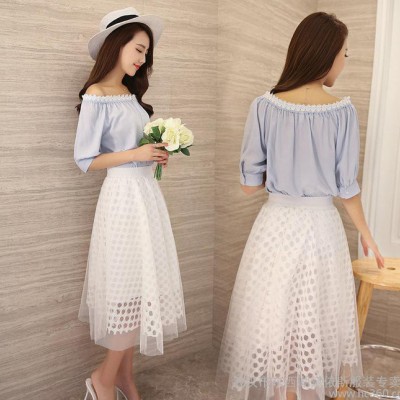 夏季新款女裝2016中長款韓版大碼a字裙套裝修身顯瘦雪紡連衣