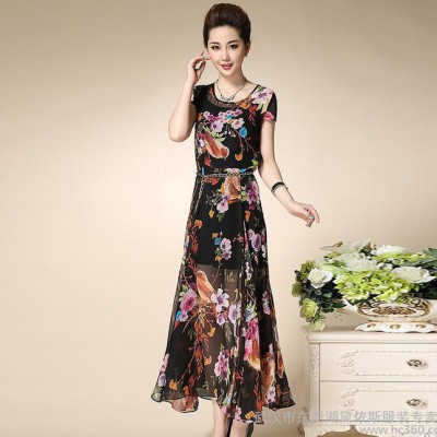 2016夏季媽媽裝中老年女裙圓領(lǐng)潮流花色短袖高腰透明雪紡連衣