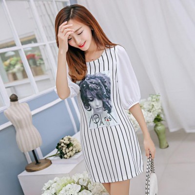 夏季新品 韓版修身雪紡連衣裙 時尚百搭珍珠人像貼圖條紋裙子