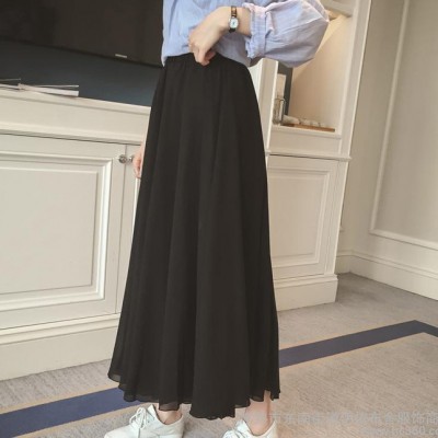 2016夏季新品韓版女裝新款文藝高腰純色雪紡百褶裙中長(zhǎng)款半身