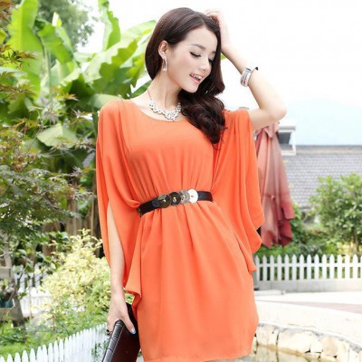 韓版雪紡連衣裙 寬松**袖純色時尚不規則裙  2015夏季新