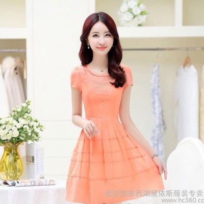 2016夏季新款雪紡連衣裙顯瘦中裙甜美透視網(wǎng)紗修身中長款短袖