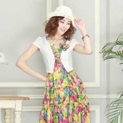 2015夏季寬松雪紡碎花連衣裙 長款吊帶甜美圓領無袖沙灘裙