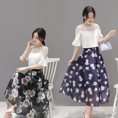 時(shí)尚套裝夏2016新款寬松中袖鏤空上衣中長(zhǎng)款印花雪紡半身裙兩
