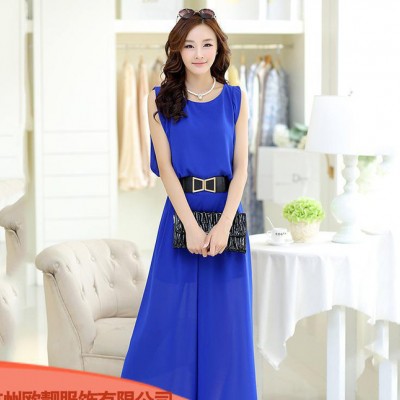 2015夏裝新款女裝韓版修身長裙連衣裙無袖純色雪紡氣**雅兩