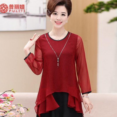 2017新品春裝中老年女裝雪紡連衣裙媽媽裝長袖純色假兩件長袖上衣