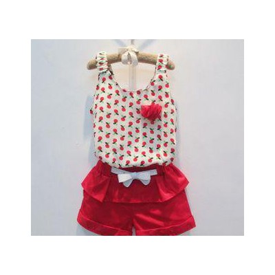 2014韓版童裝女童雪紡花朵吊帶衫短褲夏季新款套裝 代理加盟