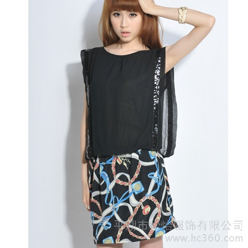 供應REUSE SY2510新款品質(zhì)女裝修身無袖雪紡連衣裙黑色女裝批發(fā)