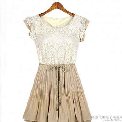 歐美2015新款連衣裙夏季修身公主短袖淑女蕾絲大碼雪紡連衣裙