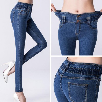 15年春裝新款緊身修身排扣高腰牛仔褲女韓小腳褲鉛筆褲休閑褲子