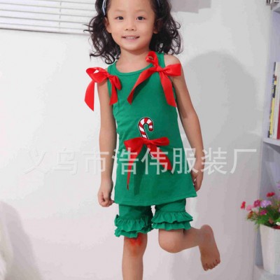 新款外貿(mào)女無(wú)袖背心童套裝圣誕節(jié)款歐美春夏秋童裝棉直銷