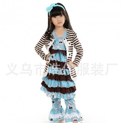 外貿(mào)原單女童套裝 歐美兒童純棉印花長(zhǎng)上衣褲子外套三件套