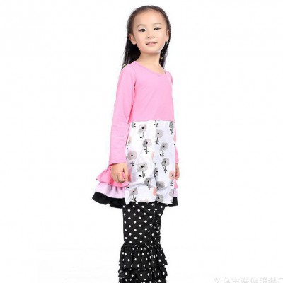 2015秋季新款套裝 外貿甜美女童裝 花朵圖案長款上衣加波點長褲