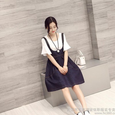 牛仔背帶裙女2016春夏裝韓版女裝短袖背帶牛仔中裙吊帶連衣裙