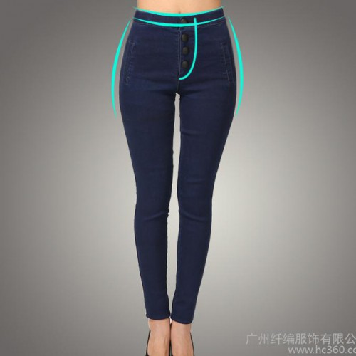 松緊中腰牛仔褲排扣彈力收腹牛仔褲顯瘦女士長褲小腳褲甜美鉛筆褲