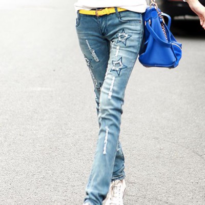 2016新品牛仔褲　韓版刺繡小直筒褲子　牛仔長褲女褲　一件代發