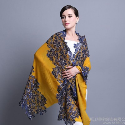 2015秋冬新款羊毛繡花披肩 蕾絲 禮品圍巾 直銷(xiāo)