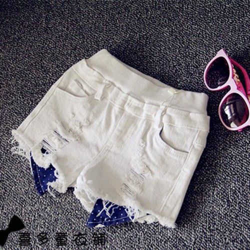 小辣妞2015夏裝新品女童百搭街頭范兒白色破洞牛仔短褲熱褲