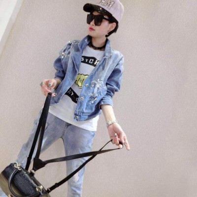 歐洲站2015春季新款歐范時尚蕾絲破洞小腳淺色牛仔長褲女