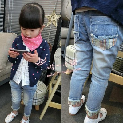 小辣妞童裝2015新款春裝女童百搭民族風 磨邊淺色牛仔褲 代