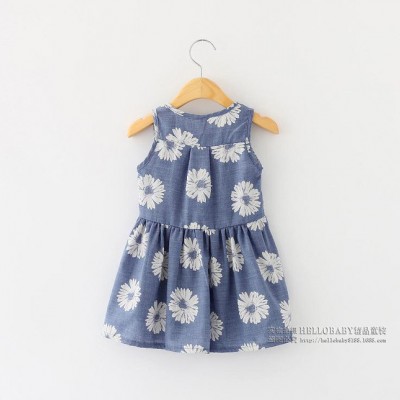 2015夏季新品無袖牛仔色大花連衣裙