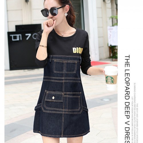 歐洲站2015秋新款女裝牛仔拼接連衣裙高品質微信代理代發