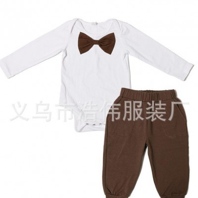 外貿新款兒童套裝直銷 歐美男童蝴蝶領結爬服上衣長褲兩件套