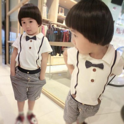 2015夏裝新款男童小正太領結小翻領假背帶T恤兒童短袖T恤一