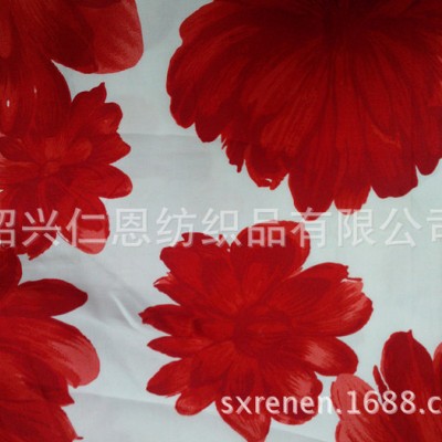 全棉貢緞40*40/130*80白底紅茉莉花印花面料 紹興工廠定制 100%C