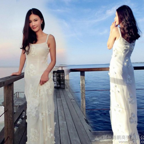 劉鈺懿同款2015年夏季V領(lǐng)白色吊帶長裙禮服裙海邊