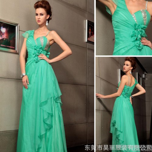 多麗琦荷葉邊單肩包肩禮服 吊帶收腰寬松型禮服長款批發 一件代發