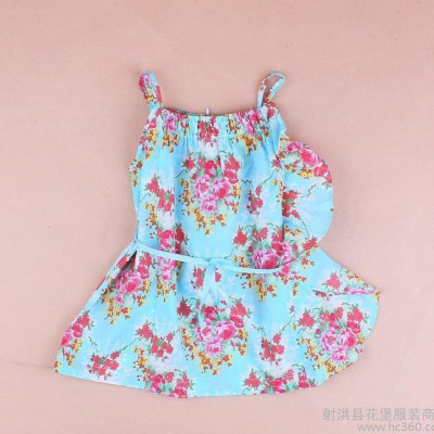 品牌童裝 品牌小中大童純棉印花吊帶連衣裙