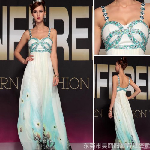 多麗琦雙肩吊帶禮服 印花鏤空款 2012秋冬新款敬酒服 晚禮服批發