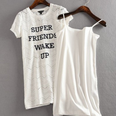 刺繡字母鏤空圓領短袖+吊帶白色連衣裙 2015女款簡約時尚兩