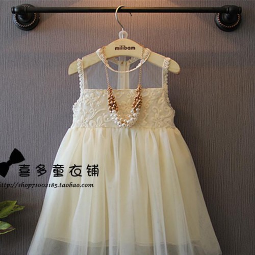 2015夏裝新品女童裝超仙刺繡網(wǎng)紗拼接收腰背心公主連衣裙
