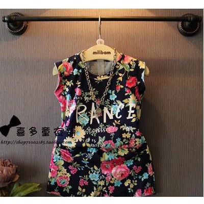 童裝2015夏裝新品女童復(fù)古撞色花朵字母背心兒童短褲套裝微信