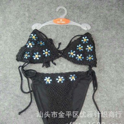 歐洲原單分體兩件套原創款手工鉤針編織吊帶裹胸泳衣 比基尼泳裝