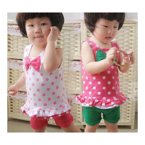 童裝夏款 幼小童圓點(diǎn)蝴蝶結(jié)女童套裝寶寶吊帶短褲兩件套 一件代
