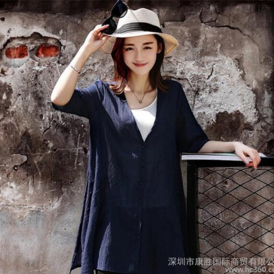 送背心夏季v領(lǐng)中長(zhǎng)寬松防曬開衫女裝大碼棉麻襯衣夏裝胖mm襯衫