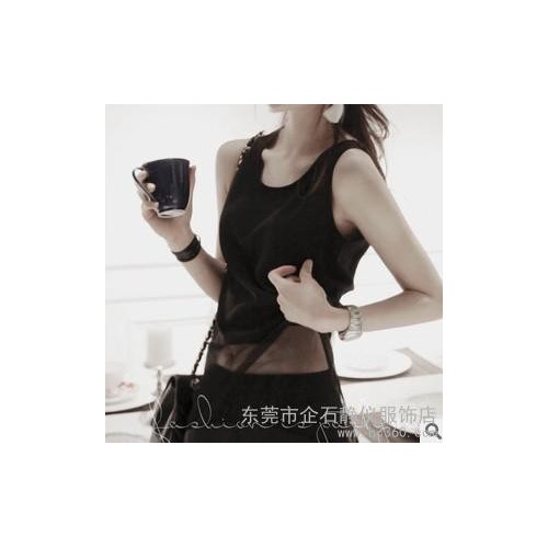 供應東莞制衣廠 韓國女裝小性感歐根紗透析背心純黑色連衣裙ZZ11107