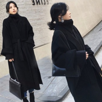 黑色毛呢外套女2020秋冬季長(zhǎng)款過(guò)膝系帶廓形雙面羊絨手工呢子大衣