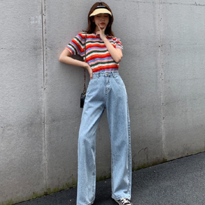 泫雅淺色闊腿牛仔褲女直筒寬松2020新款學生高腰顯瘦垂感拖地褲子