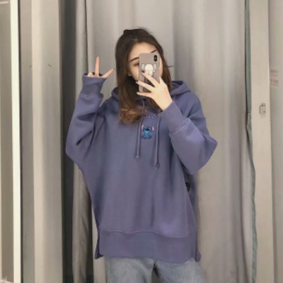 2020春裝新款史迪仔卡通連帽刺繡寬松紫色衛衣0834273