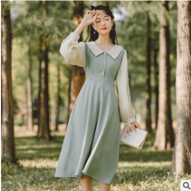早春女裝2021新款小清新格子文藝法式拼色娃娃領(lǐng)長(zhǎng)袖連衣裙9010#