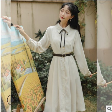 廠(chǎng)家直供2021初春女裝新款氣質(zhì)長(zhǎng)裙系帶收腰桔梗純色連衣裙3205#