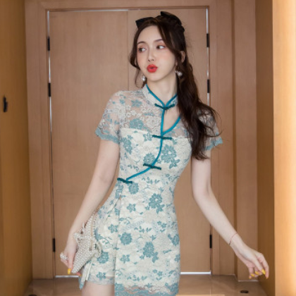 時尚套裝2020夏新款女性感氣質復古改良旗袍蕾絲連衣裙短褲兩件套