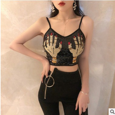 性感女裝閃閃亮片吊帶夏季新款性感低胸高腰露臍短背心上衣H3785
